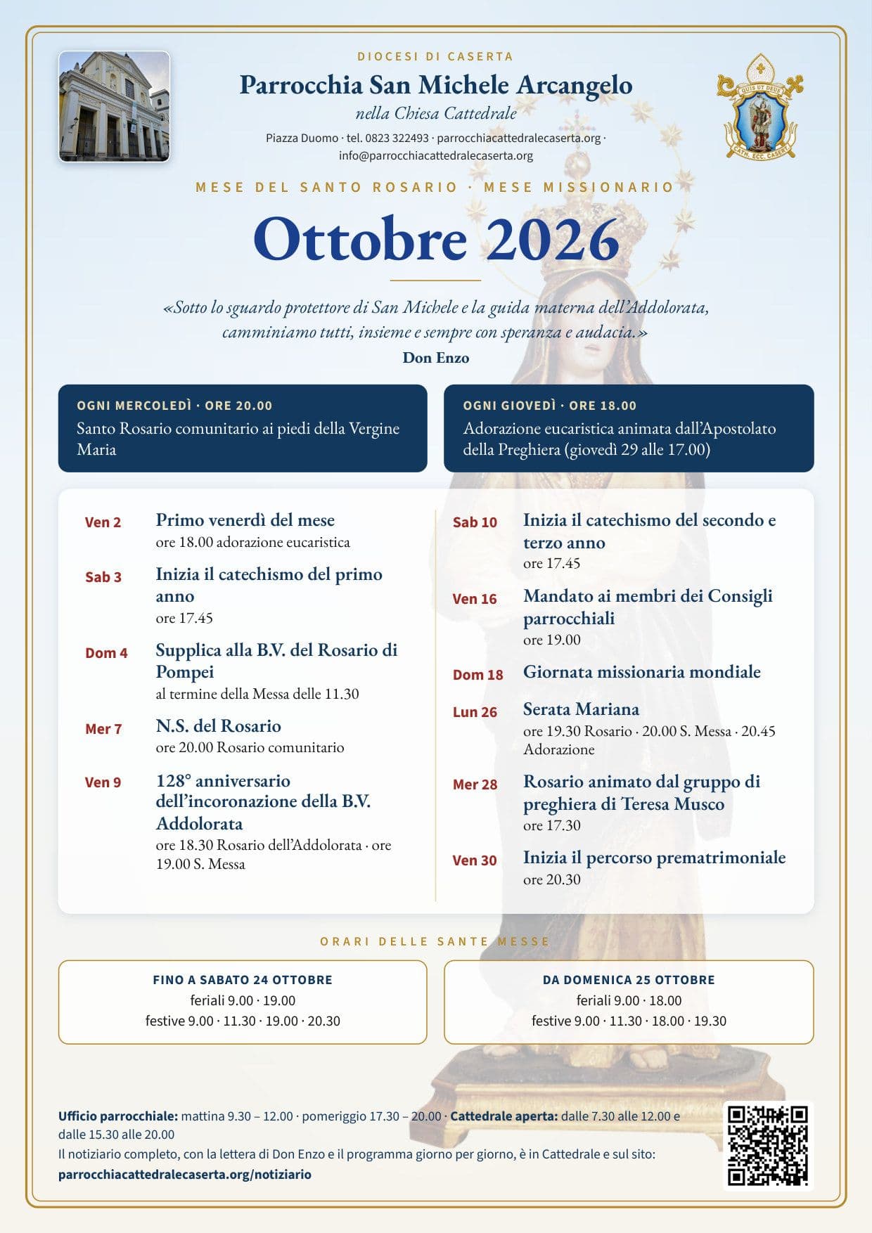 Locandina di ottobre 2026 della Cattedrale di Caserta: gli appuntamenti del mese del Rosario e gli orari delle Messe